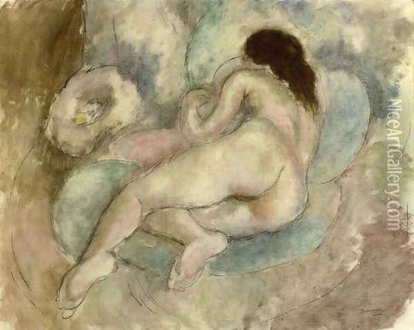 Female Nude Reclining Oil Painting - Jules Pascin