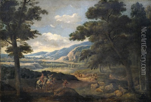 Weite Landschaft Mit Bauern, Hirten Und Reisenden Oil Painting - Johann Georg Von Bemmel