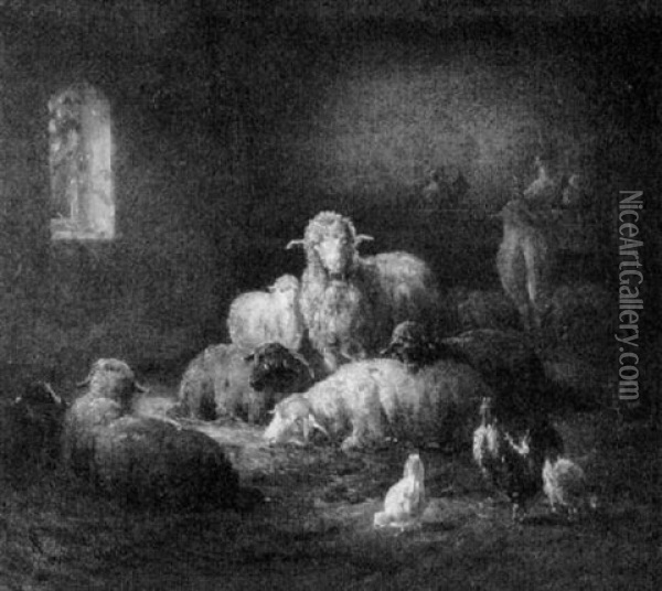Schafe Und Huhnervolk Im Stall Oil Painting - Louis (Ludwig) Reinhardt