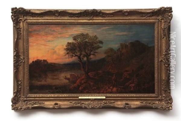 River Landscape At Sunset Oil Painting - John Joseph Cotman