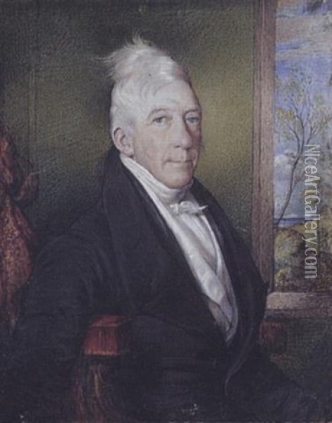 Mr. Doherty, Seated Before An Open Window, Wearing Black Suit, White Waistcoat And Stock Oil Painting - Christina Robertson