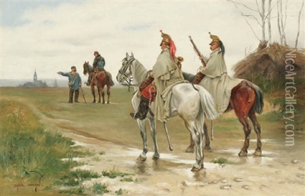 Mounted Soldiers Asking Directions Oil Painting - Eugene Chaperon