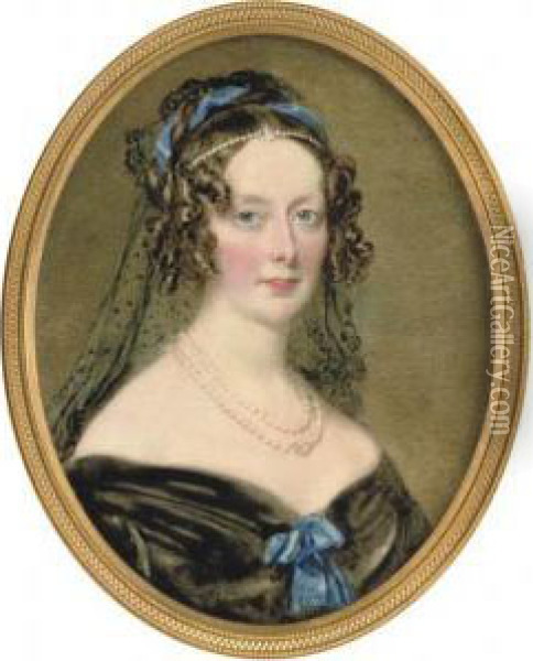 A Lady Of The Airlie Family, In 
Off-the-shoulder Black Velvet Dress With Bright Blue Ribbon Tied At 
Corsage, Double Strand Pearl Necklace, Strand Of Pearls And Bright Blue 
Ribbon Twisted In Her Dark Hair Dressed In Ringlets, Falling Black 
Spotted  Oil Painting - William Charles Ross