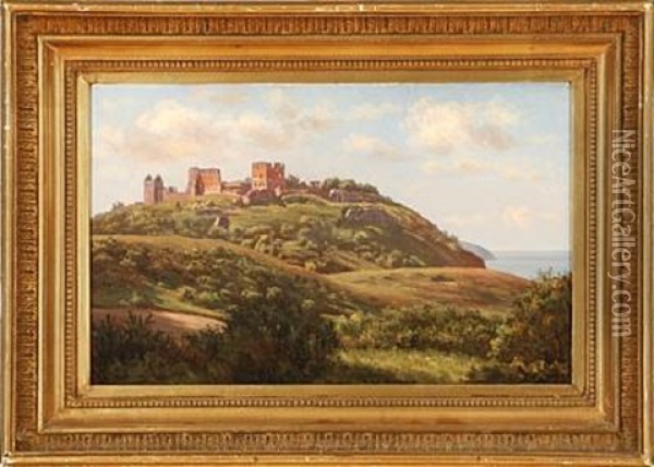 Landscape From Bornholm Island With Hammershus Castle Ruins In The Background, Denmark Oil Painting - Johannes Herman Brandt