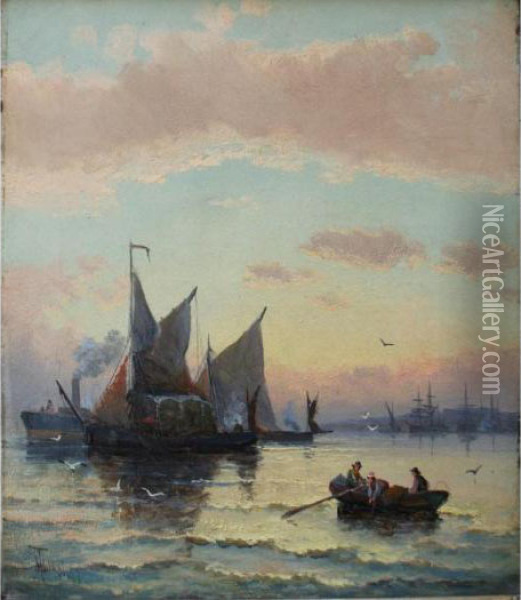Hay Barge And Other Craft At Eventide Oil Painting - William Georges Thornley