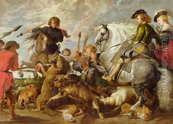Rubens his Second Wife and Son in a Wolf and Foxhunt, after an original by Rubens Oil Painting - (studio of) Rubens, Peter Paul