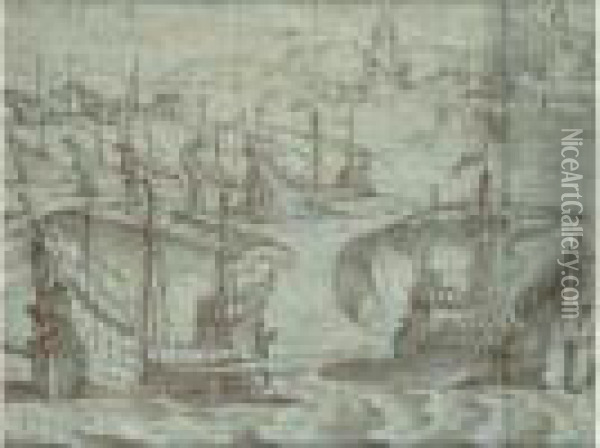Armada Devant Un Port. Oil Painting - Federico Zuccaro