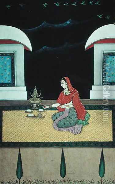 Woman Seated on a Rug, 1750 Oil Painting - Bangazi Ragini