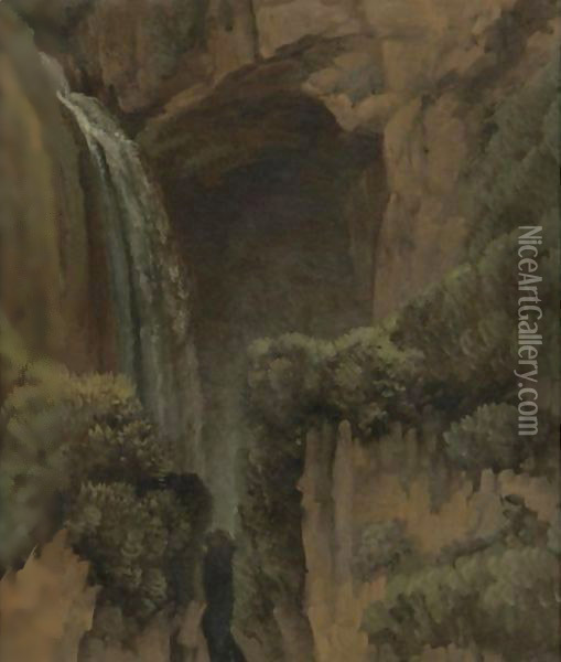 A Waterfall And A Grotto At Tivoli Oil Painting - Simon-Joseph-Alexandre-Clement Denis