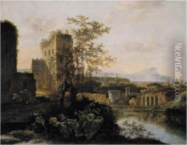 An Extensive Lanscape With Classical Ruins Beside A River Oil Painting - Jan Gabrielsz. Sonje