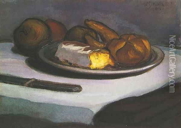 Still Life with Bread Rolls and a Knife Oil Painting - Wladyslaw Slewinski