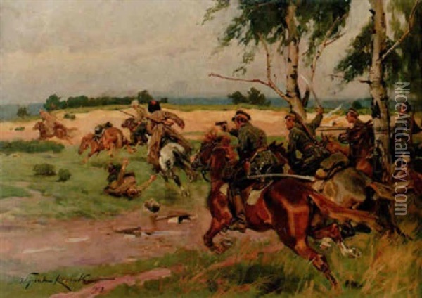 Kavallerister Jagande Kosacker Oil Painting - Woiciech (Aldabert) Ritter von Kossak