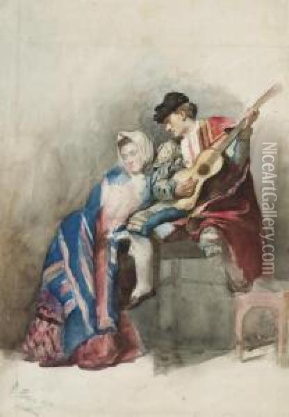 Un Guitariste Espagnol Accompagne D'une Femme Assise A Ses Cotes Oil Painting - Jose Arpa Y Perea