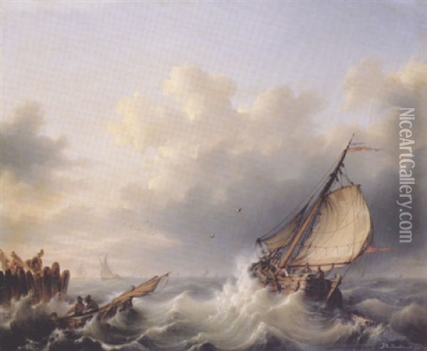 Shipping In A Heavy Sea Oil Painting - Johannes Hermanus Koekkoek
