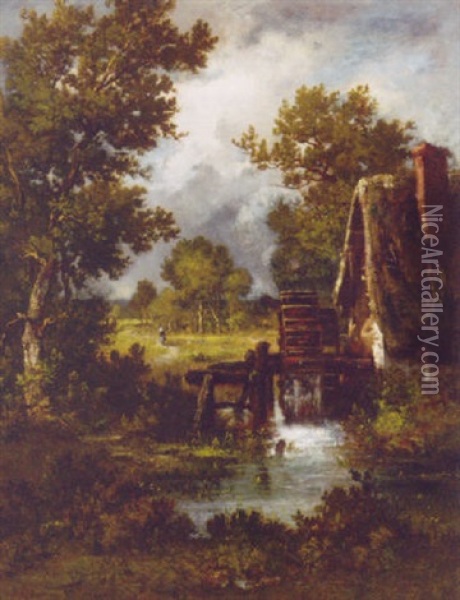 A Watermill In A Wooded Landscape Oil Painting - Leon Richet