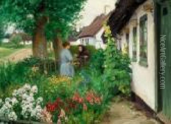 Two Women In A Garden In Front Of White Farmhouses Oil Painting - Hans Anderson Brendekilde