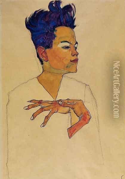 Self Portrait With Hands On Chest Oil Painting - Egon Schiele