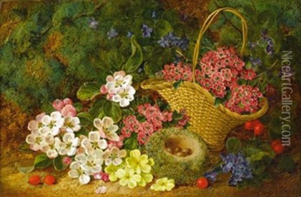 Flowers In A Basket And Eggs In A Nest On A Mossy Bank Oil Painting - George Clare