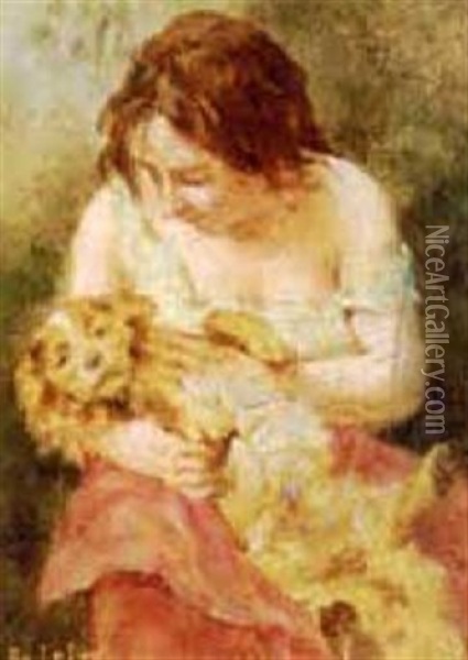 Woman Petting A Spaniel Oil Painting - Adolphe Lalire LaLyre