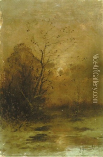 Herbstlandschaft Bei Sonnenuntergang Oil Painting - Johann Jungblut
