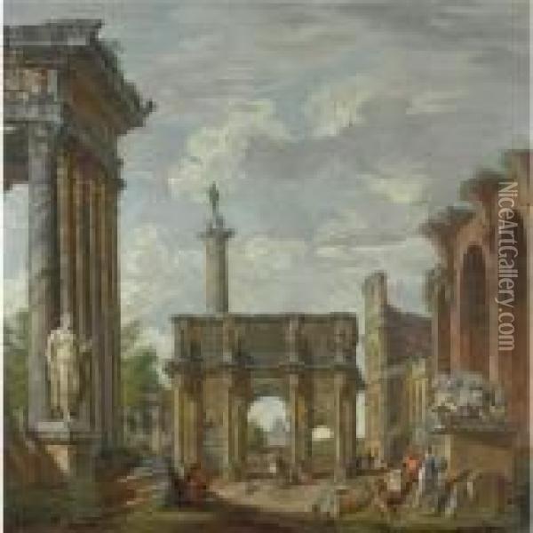 Capriccio Architettonico Con 
L'arco Di Costantino, Il Colosseo,la Basilica Di Massenzio, Il Tempio Di
 Antonino E Faustina, Lacolonna Traiana E Il Ponte Sant'angelo Oil Painting - Giovanni Niccolo Servandoni