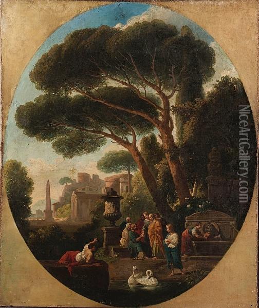 Philosphers Disputing Before A 
Roman Villa; And A Shepherd Conversing With Figures, With Goats In A 
Classical Landscape Oil Painting - Jan Frans Van Bloemen (Orizzonte)