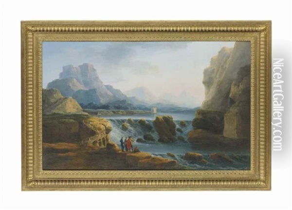 A Mountainous Landscape With Figures By A Wooden Bridge And A Cascade Oil Painting - Claude Louis Chatelet