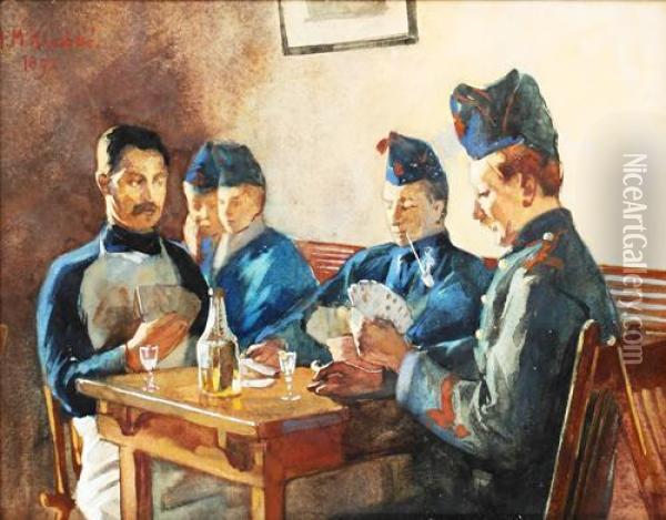 Officers Playing Cards Oil Painting - Heinrich Martin Krabb