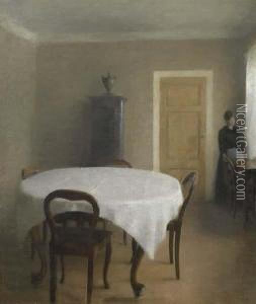 Interior, The Dining Room In Hammershoi's Childhood Home, Frederiksberg Alle Oil Painting - Vilhelm Hammershoi