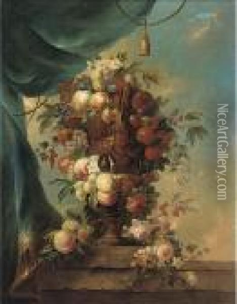 Peaches, Plums, Grapes, Cherries And Roses In A Gilt Urn On Aledge Oil Painting - Anne Vallayer-Coster