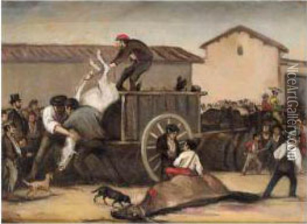 El Patio De Caballos (after The Fight) Oil Painting - Leonardo Alenza Y Nieto