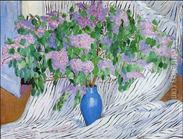 Voilage Et Vase De Lilas Oil Painting - Jacqueline Marval