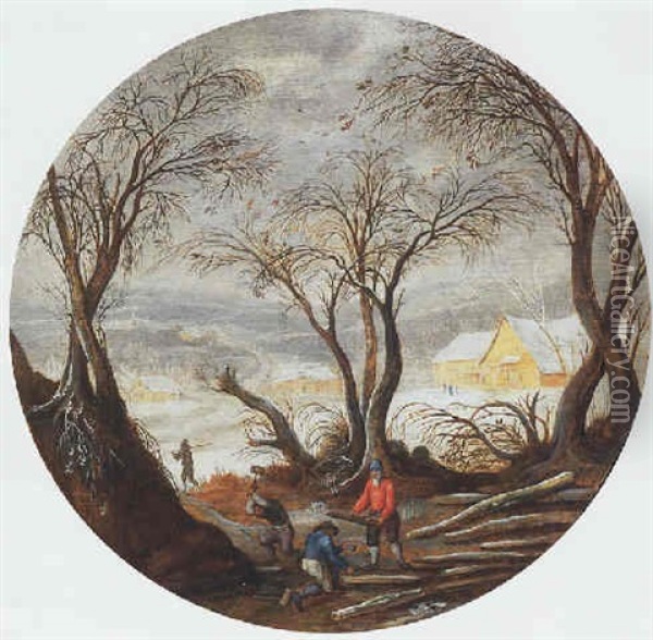 Winter: A Wooded Winter Landscape With Foresters, A Village Beyond Oil Painting - Gysbrecht Leytens