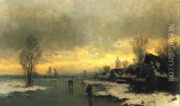 Dorf Im Winter Am Niederrhein Oil Painting - Johann Jungblut