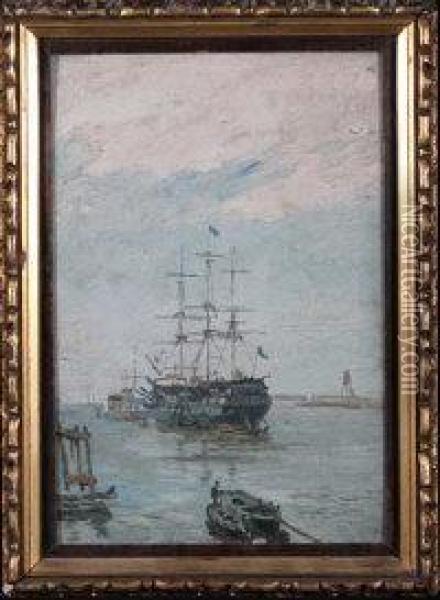 Sketch: Wellesley Training Ship, Shields Harbour, Rivertyne Oil Painting - John Chambers