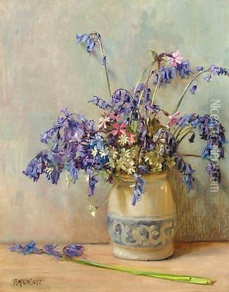A Still Life Of Bluebells, Campions And Daisies In A Vase Oil Painting - Peter MacGregor Wilson