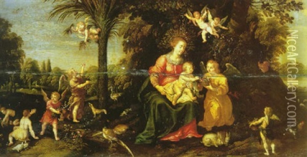 The Virgin And Child In A Paradise Landscape With Angels Gathering Flowers Oil Painting - Marten Pepyn