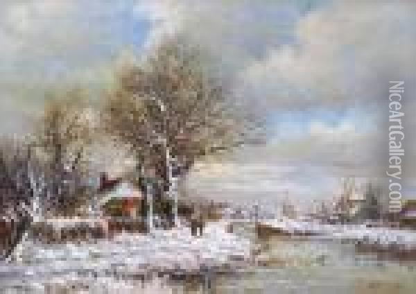 Lakeside Town Blanketed With Snow Oil Painting - Louis Apol