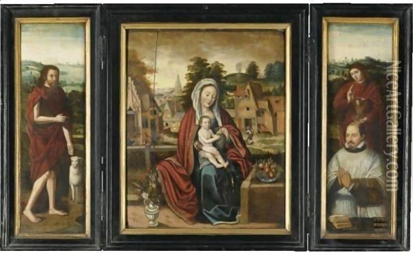 A Triptych - Central Panel The Madonna And Child In A Landscape With A Bunch Of Grapes - Left Wing Saint John The Baptist - Right Wing Saint John The Evangelist With A Donorout - Side Left Panel Saint Jerome - Outside Right Panel Saint Nicolas Of Bari Oil Painting - Bruges