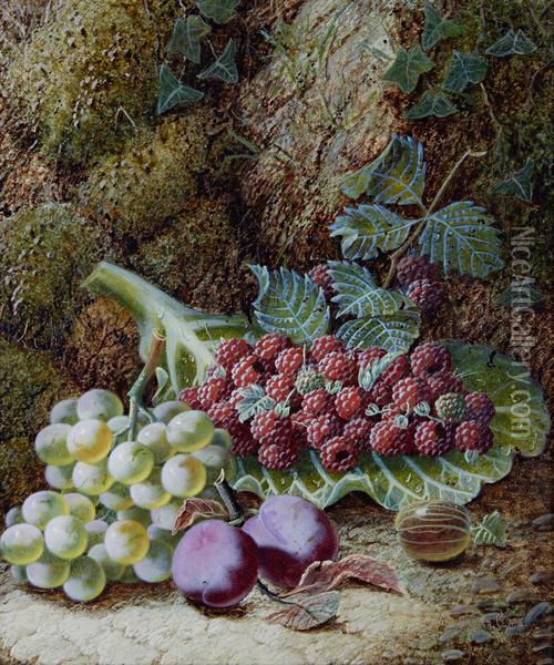 Still Life With Raspberries, Grapes And Plums Oil Painting - Oliver Clare
