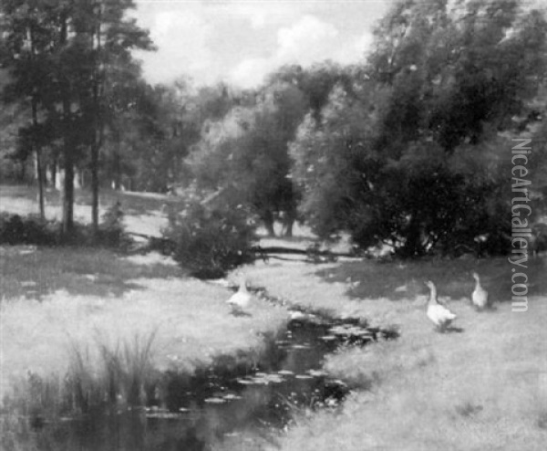 Meadow Brook With Geese Oil Painting - John Appleton Brown