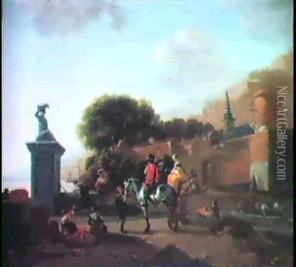 Travellers Before A Fountain Outside A Town Wall Oil Painting - Johannes Lingelbach