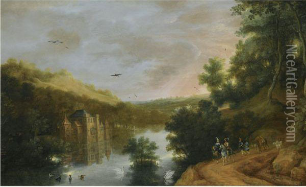 An Extensive River Landscape Oil Painting - Lucas Achtschellinck