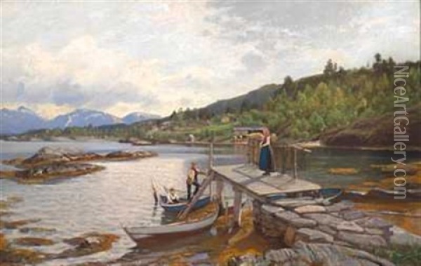 En Passiar Ved Bryggekanten Oil Painting - Johan Nielsen