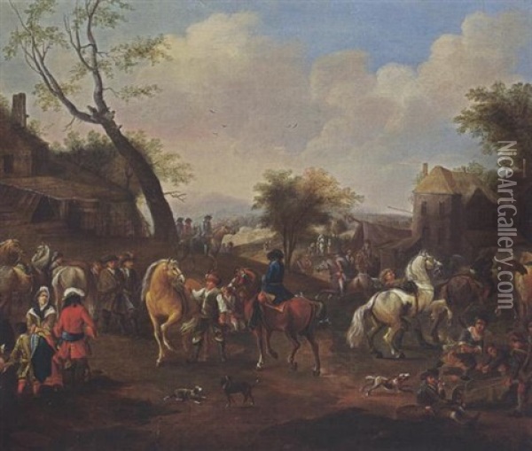 Horsemen Together With Other Horses And Soldiers In A Village, Children Playing In The Foreground Oil Painting - Jan van Huchtenburg