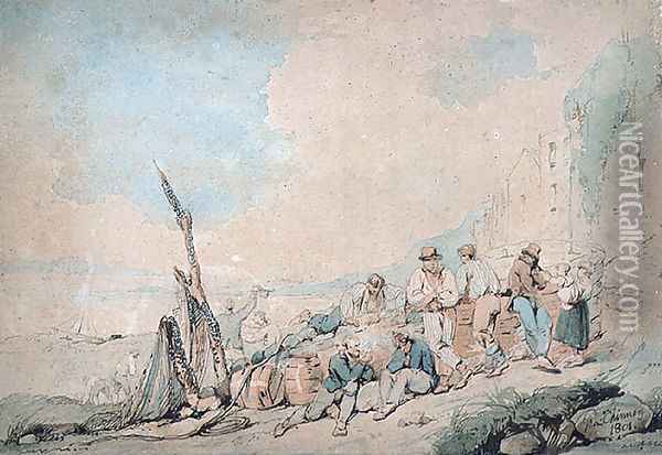Coast Scene with Figures near a wall Oil Painting - George Chinnery