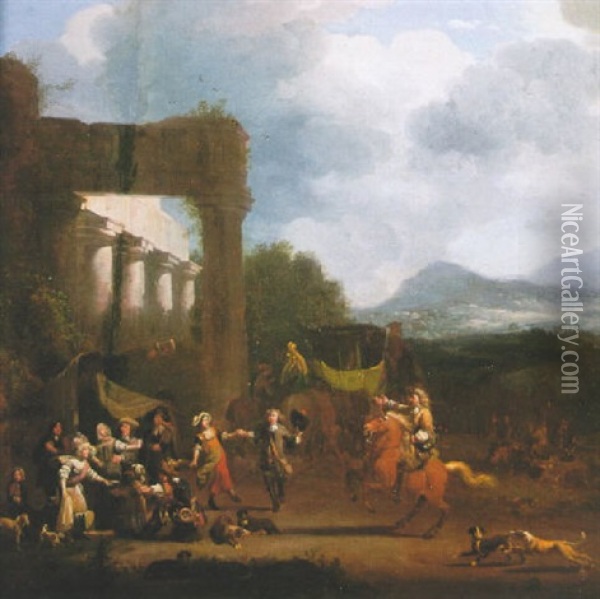 An Elegant Company Merrymaking By A Classical Ruin, With A Coach And Horses Beyond Oil Painting - Jan van Huchtenburg