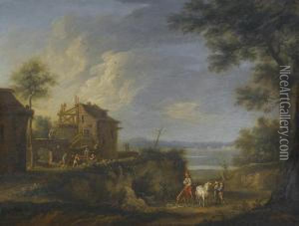 A Landscape With Peasants Watering Their Horses At The Stream Oil Painting - Christian Georg Ii Schuz