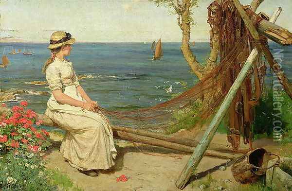 Mending the Nets, Newlyn, Cornwall, 1882 Oil Painting - Ernest Albert Waterlow