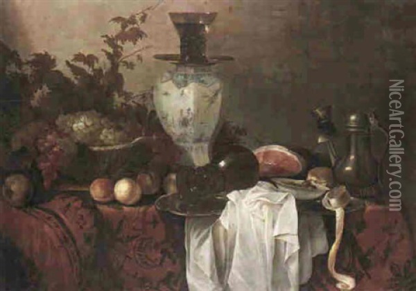 A Still Life Of A Basket Of Grapes And Vines, Jar, Ham, More Fruit, Roemer, Olives And A Pewter On A Table Oil Painting - Cornelis Cruys